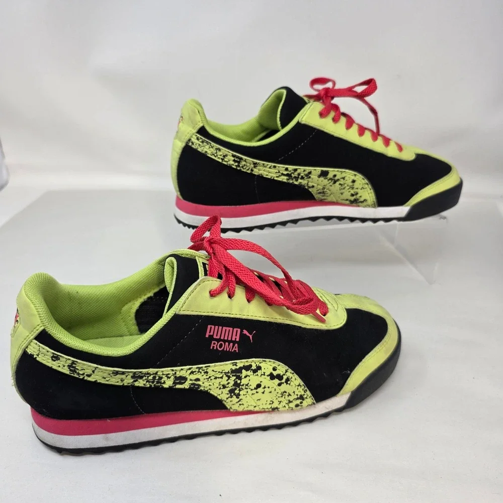 Puma Roma Sneakers Women 5 Black Lime Green Pink Splatter Low Top 359172 01 Good